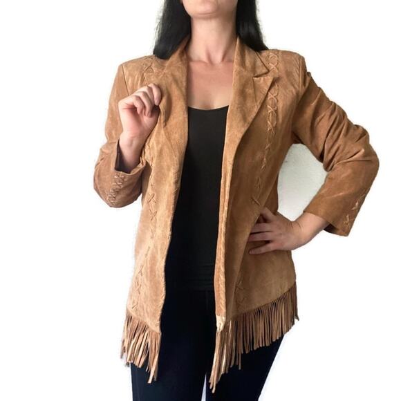 Vintage Suede Fringe Boho Open Front Jacket Size Medium - Picture 2 of 8
